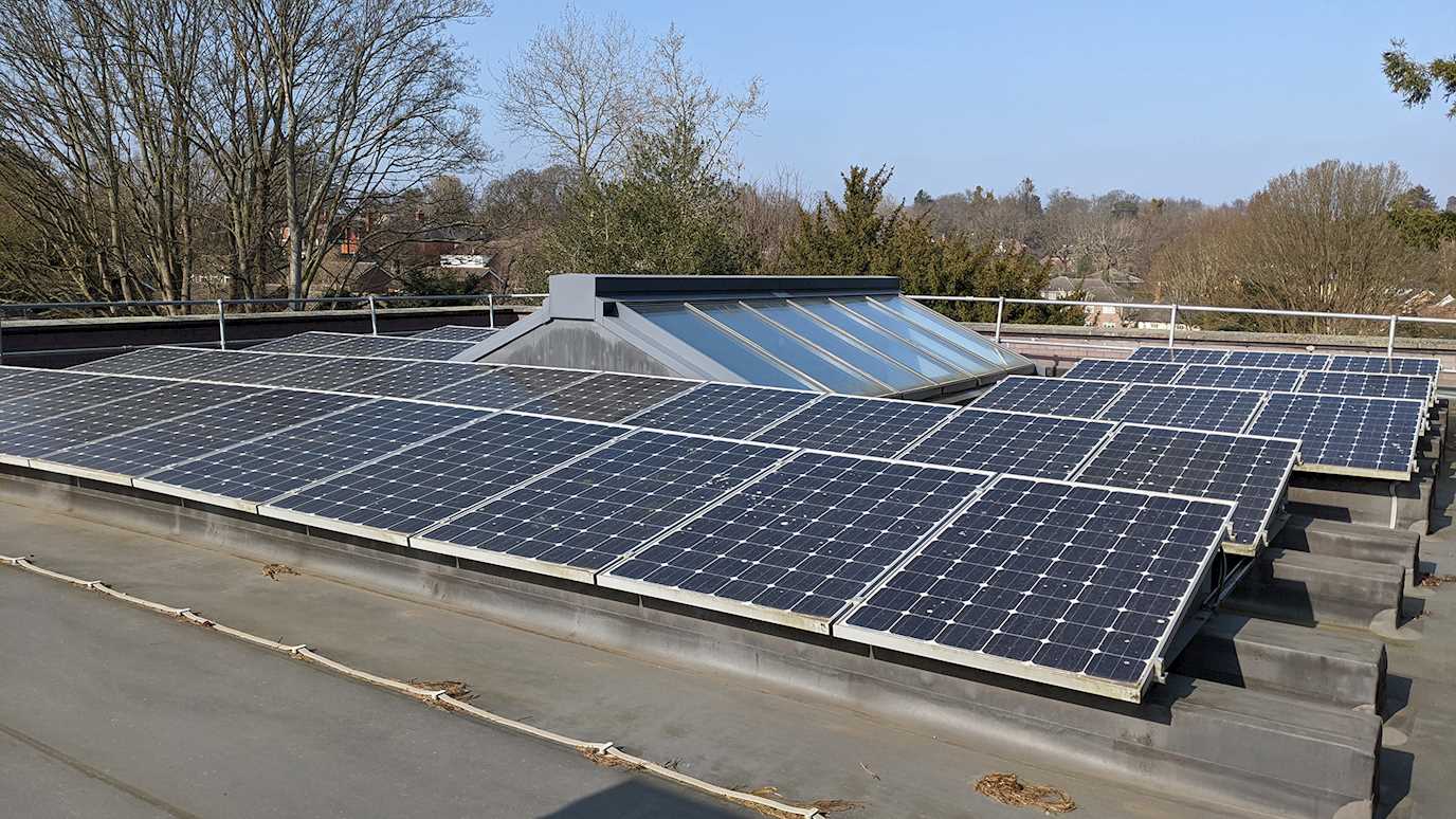 Solar panels on the roof of the Caryl Churchill Theatre: 