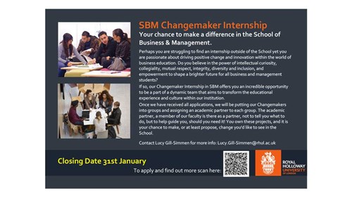 A poster advertising the Changemaker Internship for the School of Business and Management