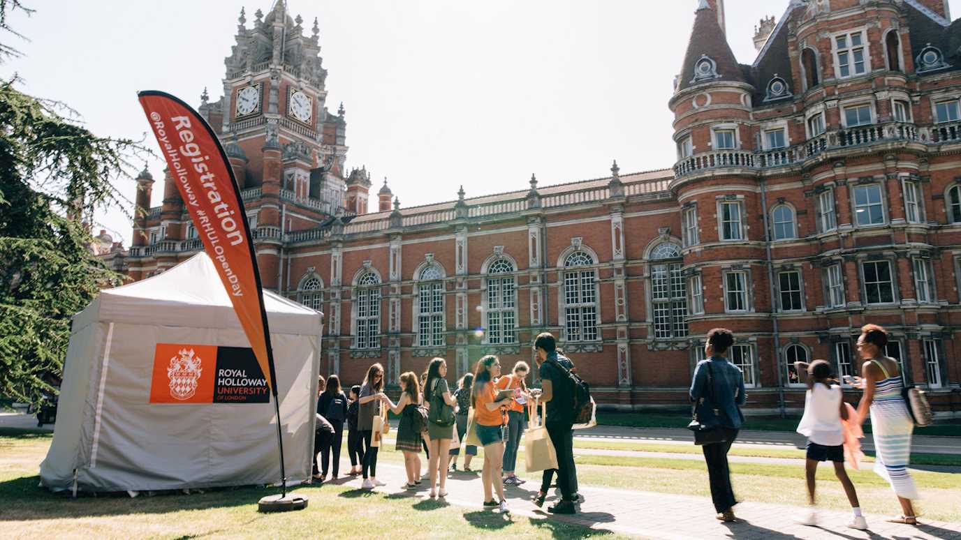 Photograph of Royal Holloway Open Day outside the Founders Building