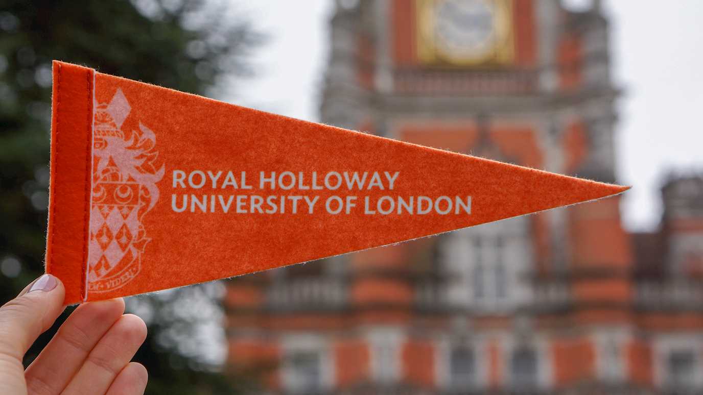 Royal Holloway, pennant flag, orange, Founders Clock Tower