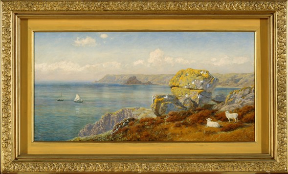 John Brett, Carthillon Cliffs, 1878, oil on canvas, Royal Holloway Art Collection. View of the coast and cliffs at Caerthillian Cove, Cornwall, looking from the direction of Lizard Point towards Kynance Cove in the distance; lichen-covered granite boulders in the foreground on scrubby rocks, two sheep at far right, one lying down, the other standing and looking out to sea; Asparagus Island and Gull Rock seen against the headland in the distance at centre; two yachts in the mid-distance to left, one with sails unfurled.